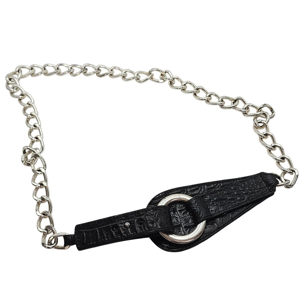 Anne Klein Black Croc Leather Silvertone Chain Belt Silver O Ring Waist Y2K Glam